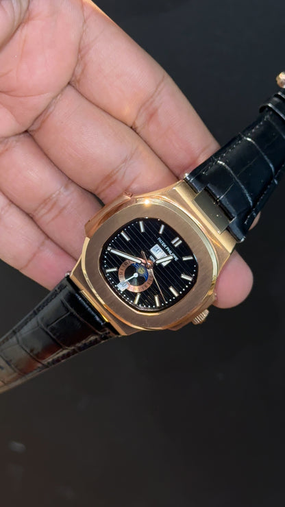 Pp Auto | Moonphase | Yearly Edition | Rose Case | Black Leather Strap | Black Dial
