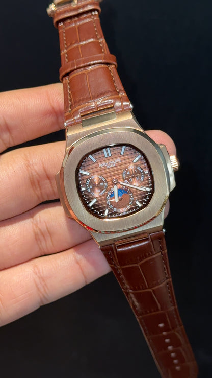 Pp Auto | Moonphase | Chrono | Rose Case | Brown Leather Strap | Choco Brown Dial