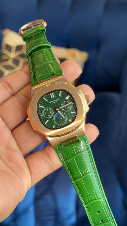 Pp Auto | Moonphase Rose Green Dial | Leather Strap