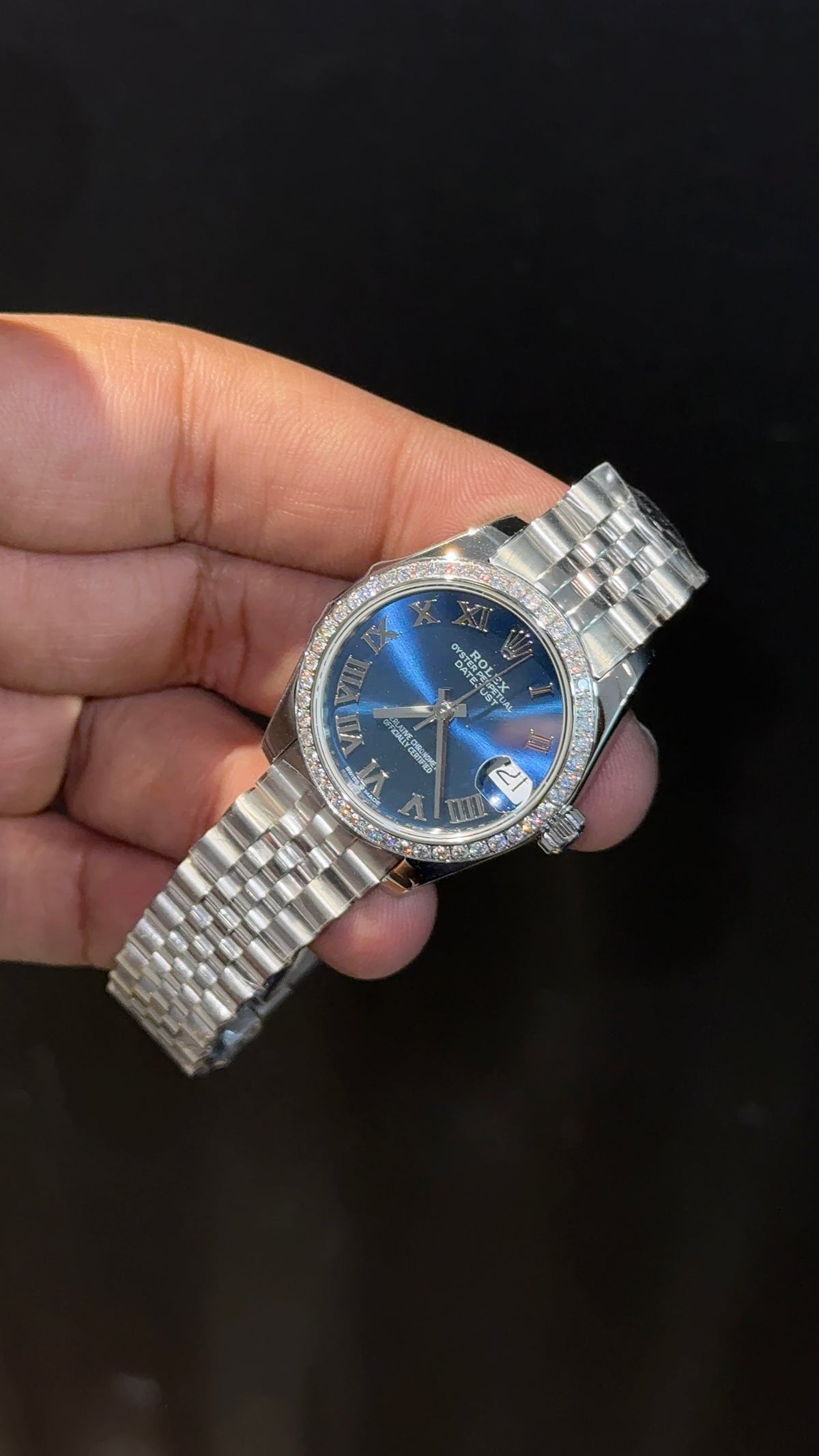 Premium DateJust | Eveline | Diamond Bezel | 30mm | Women | Silver Chain | Blue Index Dial