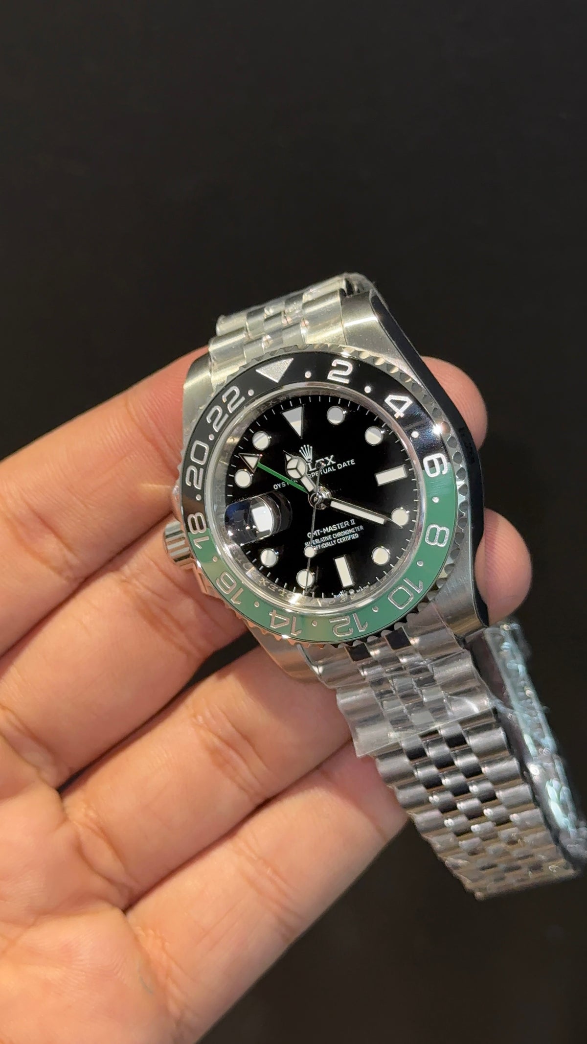 Premium GMT Sprite | Left Crown | Silver Chain | Black Dial