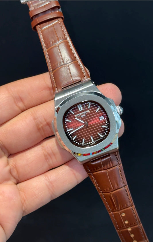 Pp Auto | Brown Leather Strap | Silver Case | Gradient Red Dial