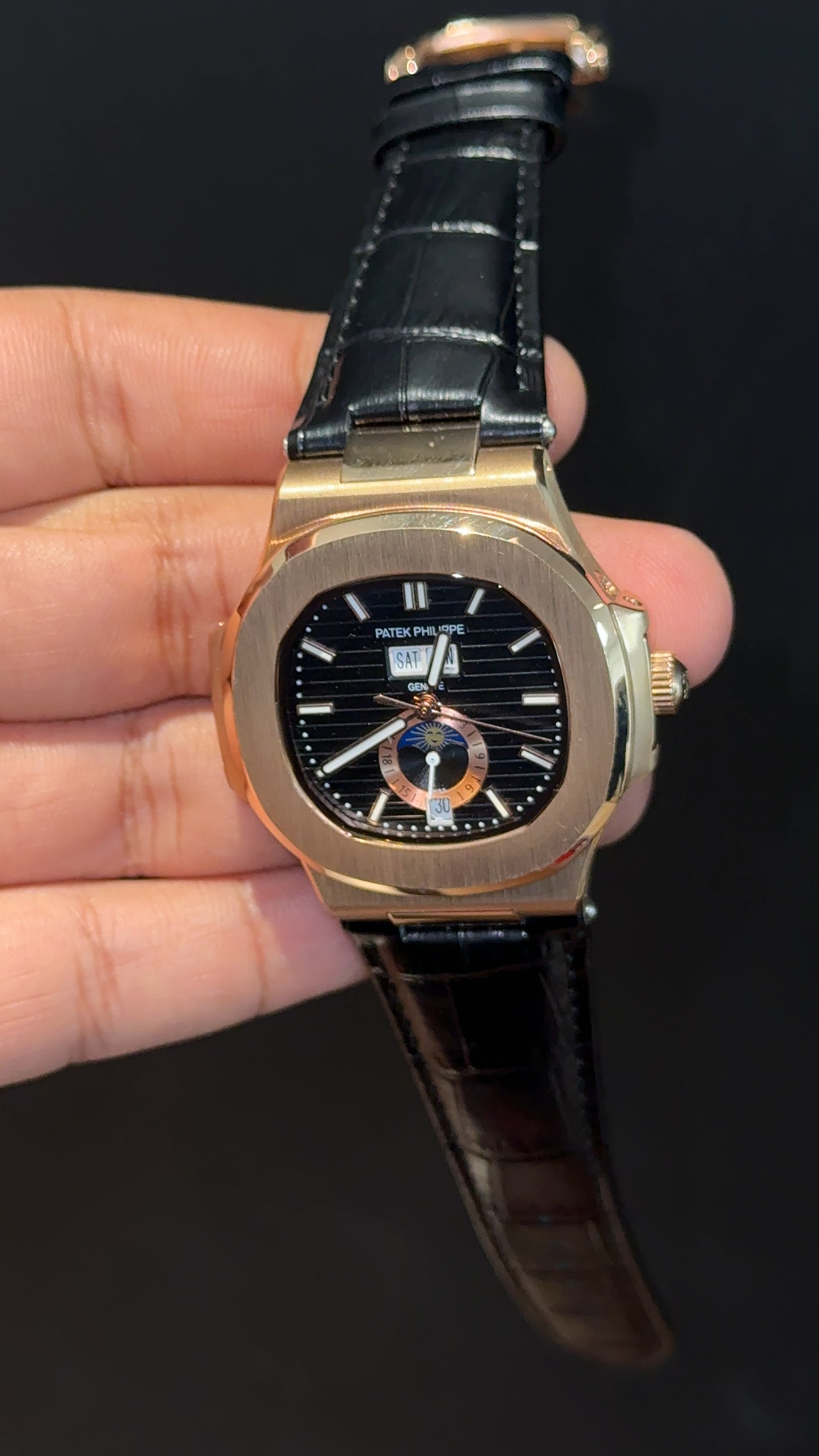 Pp Auto | Moonphase | Yearly Edition | Rose Case | Black Leather Strap | Black Dial