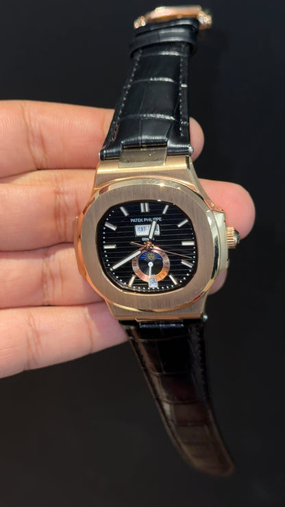 Pp Auto | Moonphase | Yearly Edition | Rose Case | Black Leather Strap | Black Dial