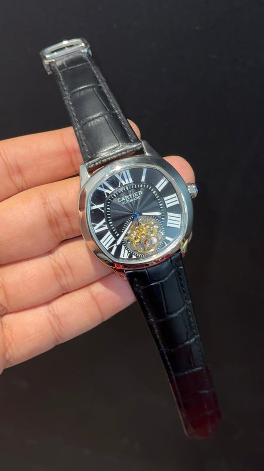 Cartier | Silver Case | Black Leather Strap | Skeleton | Black Dial