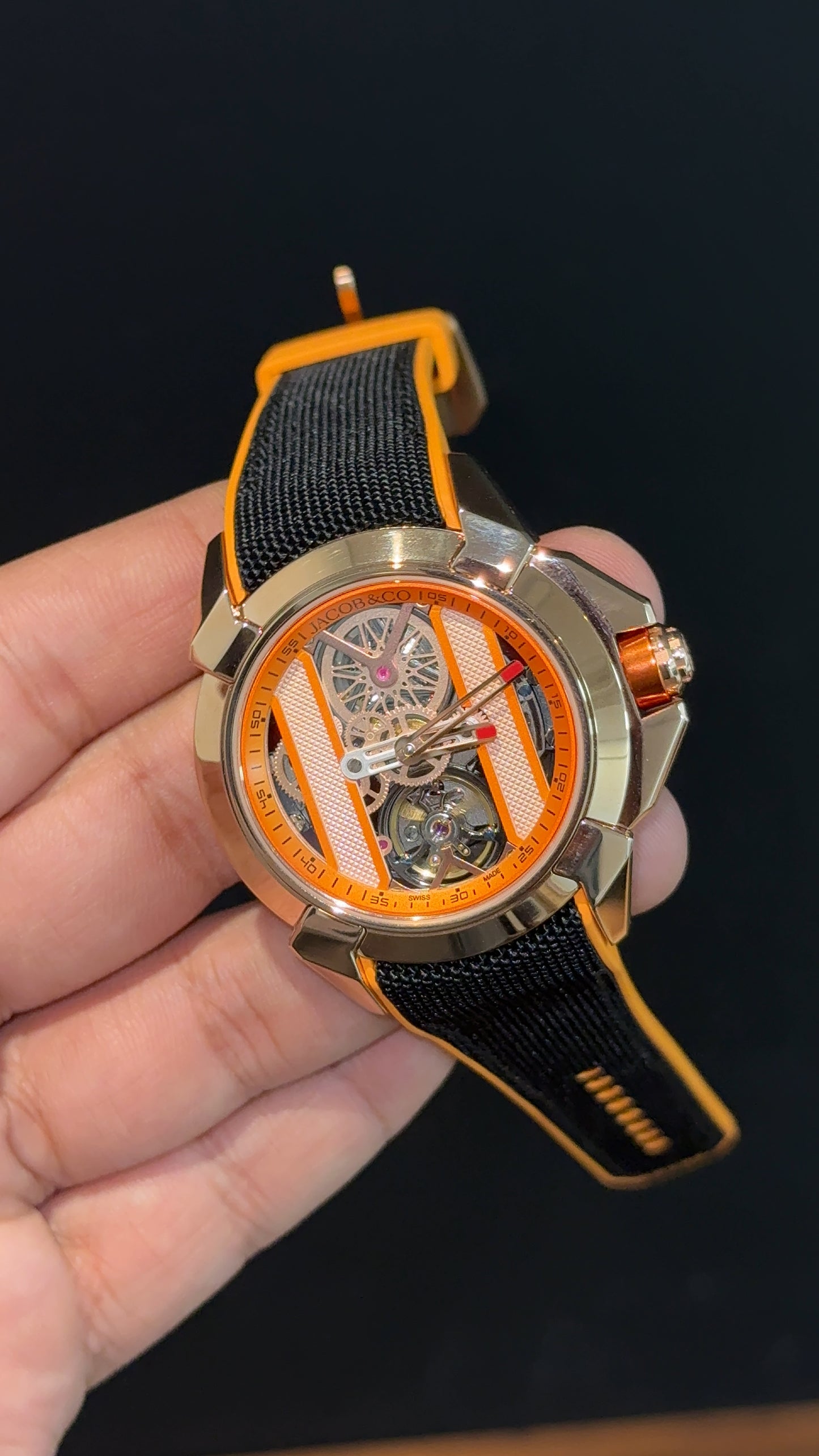 Jacob And Co | Rose Case | CR7 Edition | Orange Black Strap |Pendulum | Orange Machine Dial