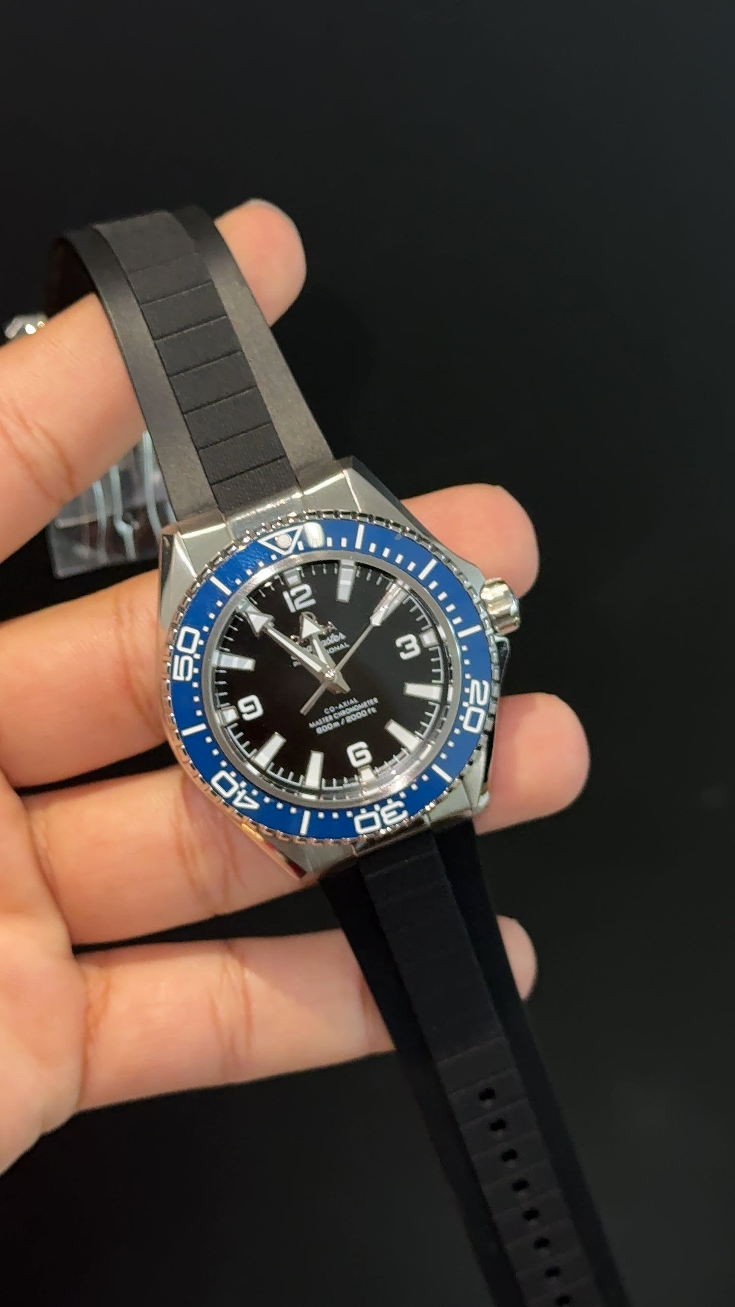 Omega Seamaster| Blue Bezel Planet Ocean | Black Silicone Strap | Black Dial