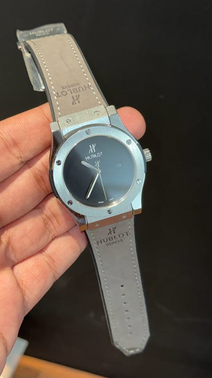 Hublot Auto | Silver Case | light Grey Strap | Black Dial