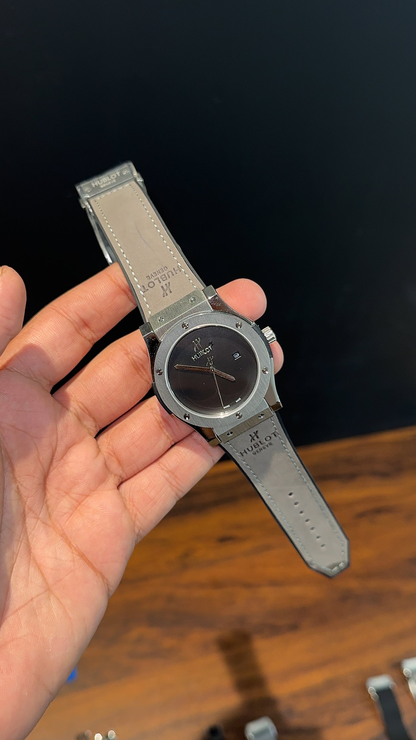 Hublot | Silver Case | Grey Strap | Black Dial