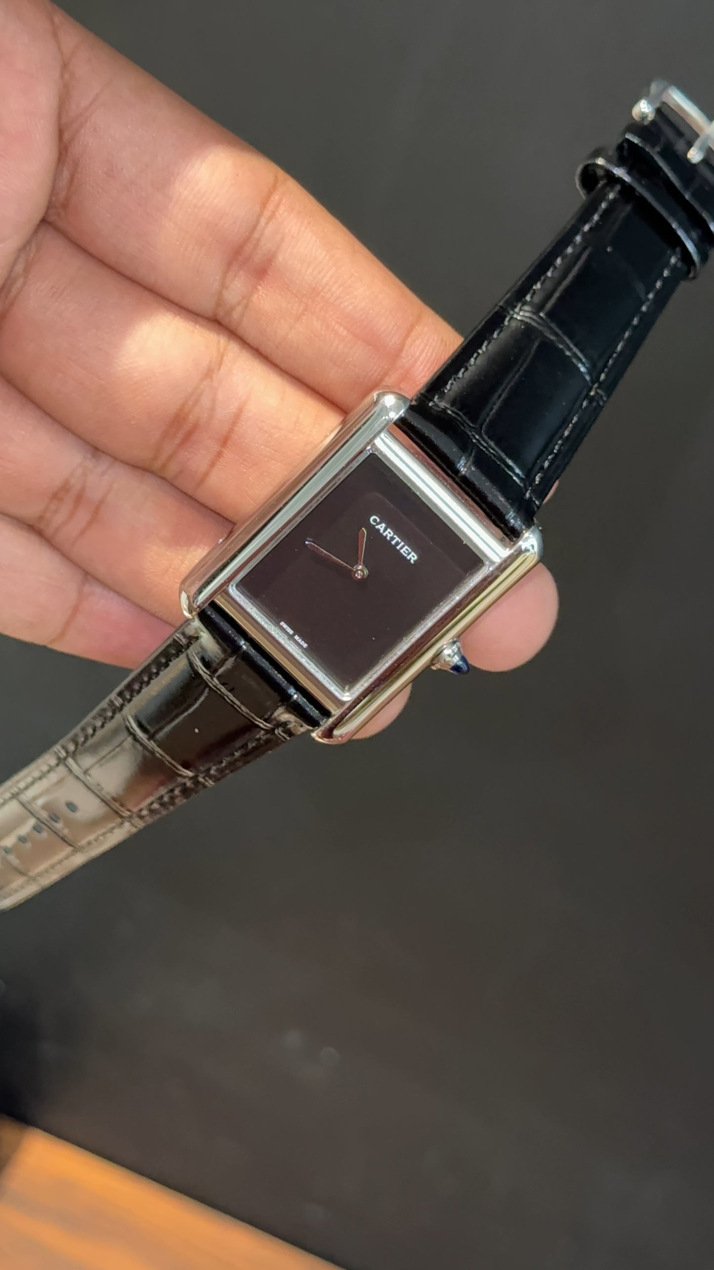 Cartier Tank | Silver | Black Leather Strap | Black Crafted Dial