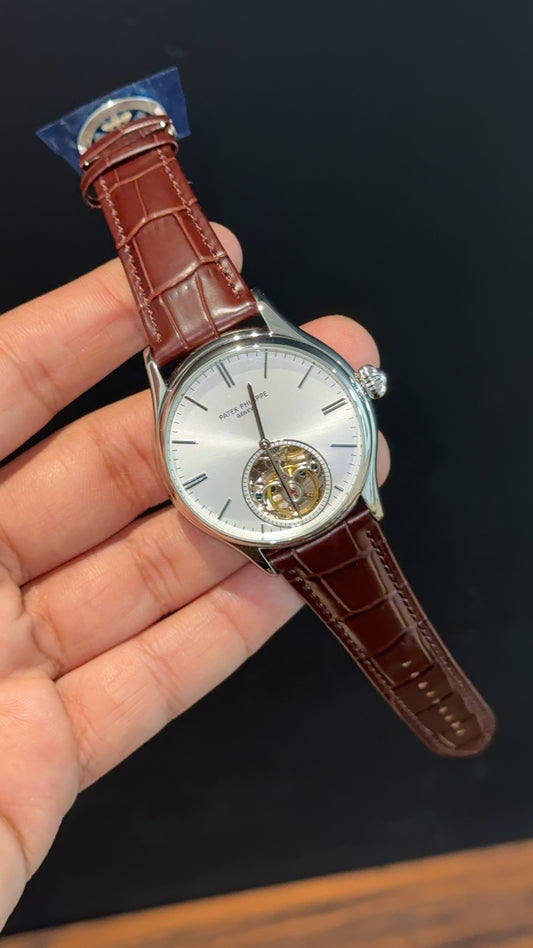 Patek Auto | Silver | Brown Leather Strap | Pendulum | White Dial - twentyfour