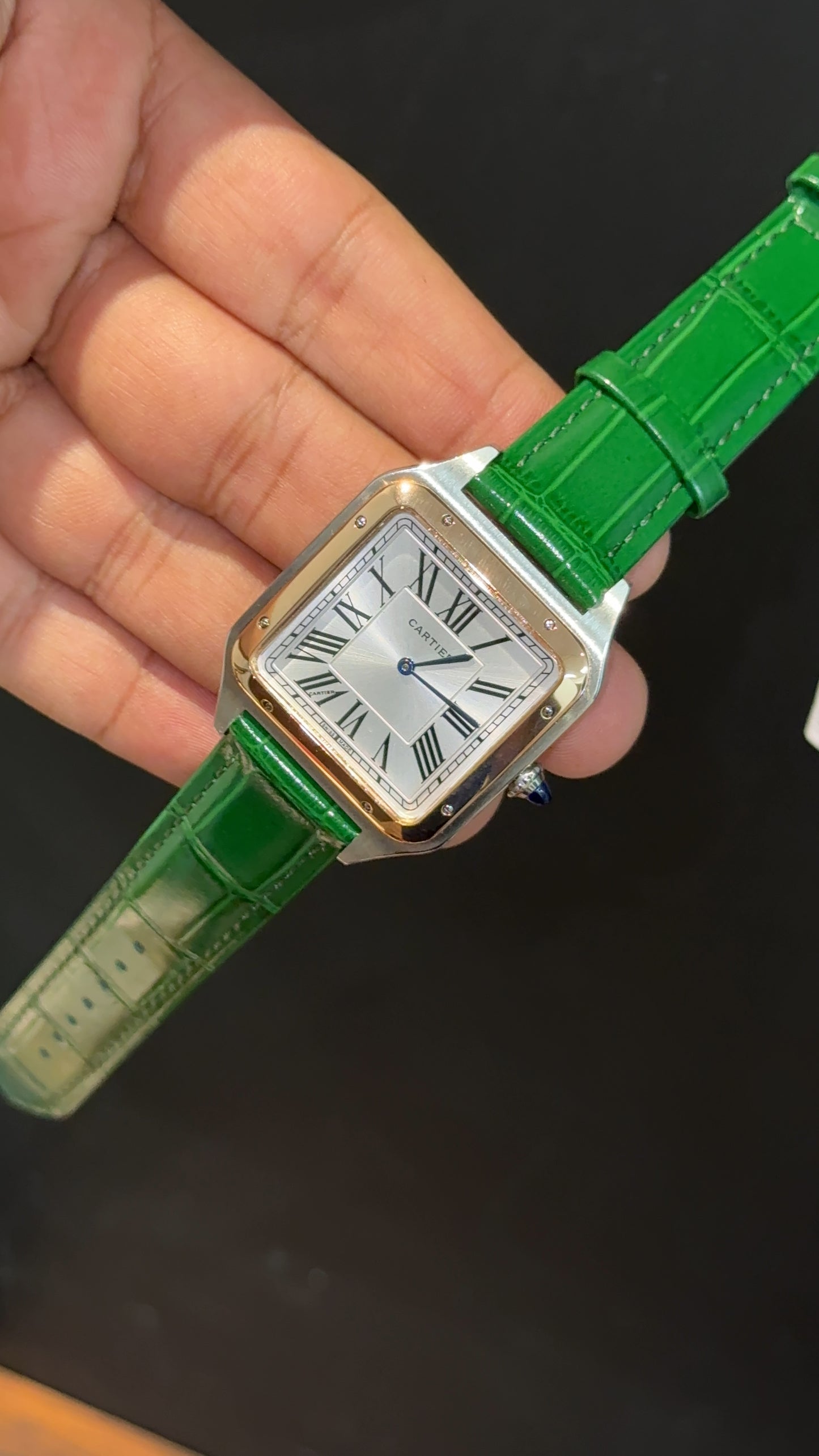 Cartier Santos | Rose Two Tone Case | Green Dumont Strap | White Dial