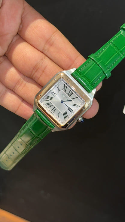 Cartier Santos | Rose Two Tone Case | Green Dumont Strap | White Dial