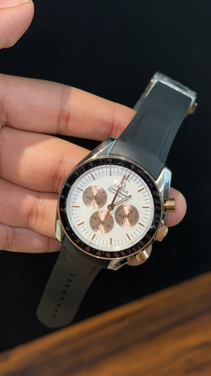 Omega Speedmaster | black Strap | Silver Rose Case | Rose Chrono | White Dial