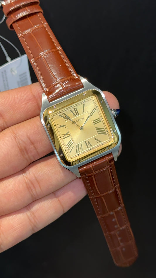 Cartier Santos | Gold Two Tone Case | Brown Dumont Strap | Gold Dial