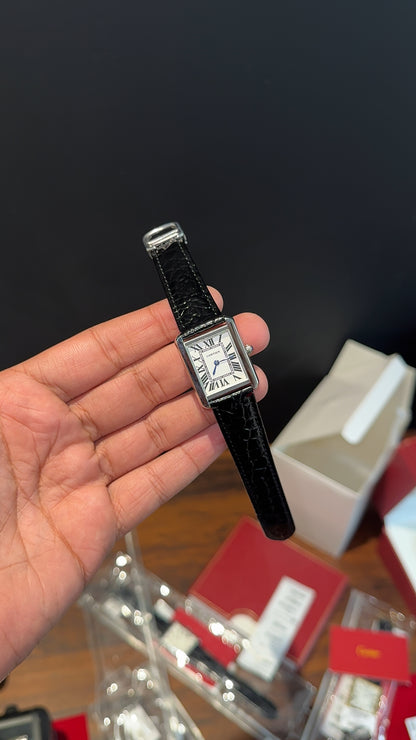 Cartier Tank | Silver | Woman | Black Leather Strap | White Dial