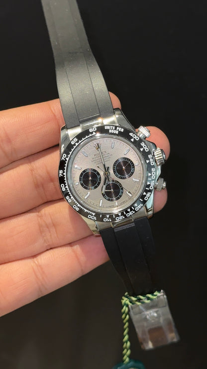 Daytona | Silver | Black Pvc Strap | Black Bezel | Grey Plain Dial