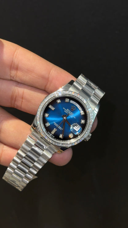Premium Daydate | Diamond Bezel  | 36mm | Gold Chain | Gradient Blue Diamond Dial
