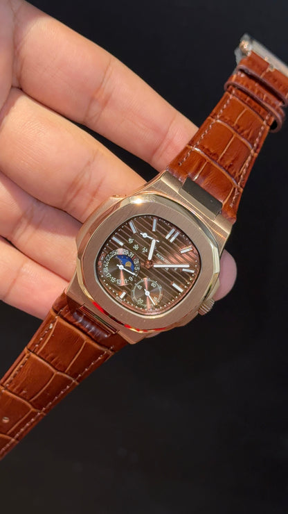Pp Auto | Rose Case | Brown Strap | Moonphase | Sub Brown Dial