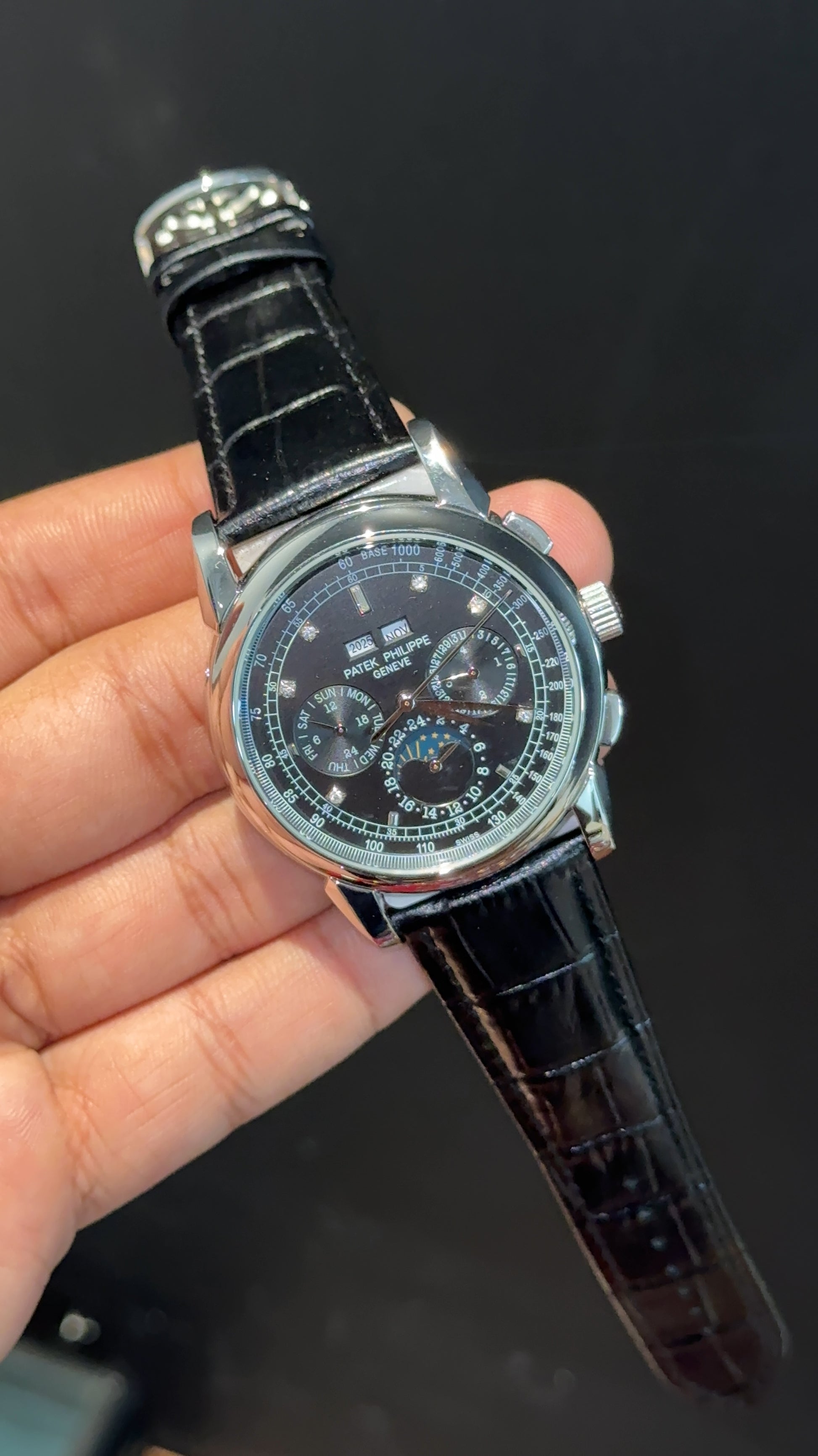 Patek Century | Auto | Silver Case | Black Diamond Dial | Black Leather Strap - twentyfour