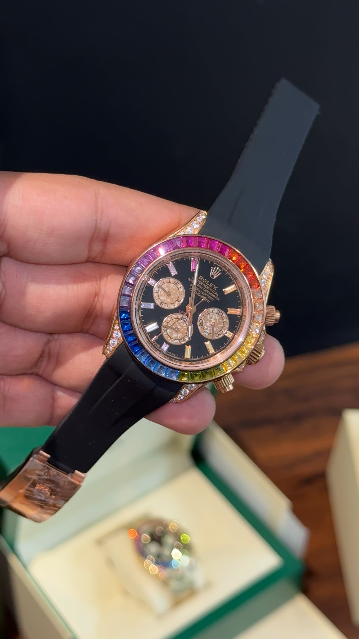 Daytona Rose | Rainbow Diamond Case | Black Pvc Strap | Rainbow Digits | Chrono | Black Dial