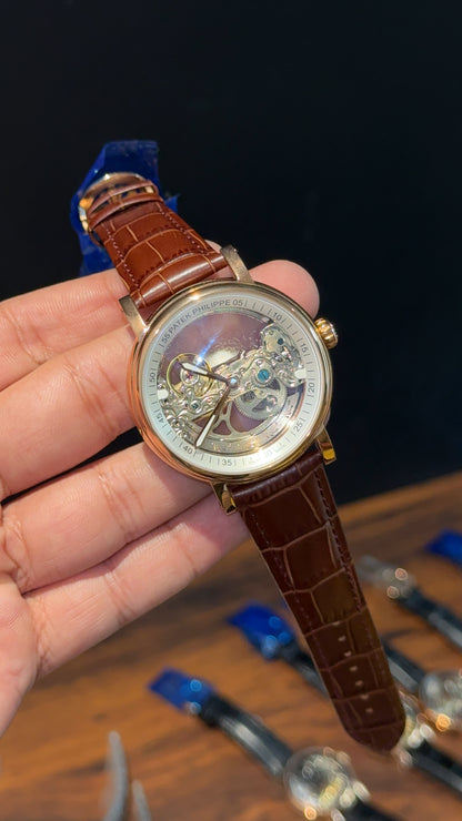 Patek Rose | Brown Leather Strap | Grey Machine | Transparent Dial