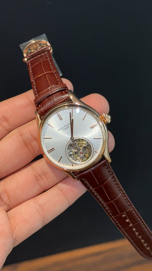 Patek Auto | Rose | Brown Leather Strap | Pendulum | Silver Classic Dial - twentyfour