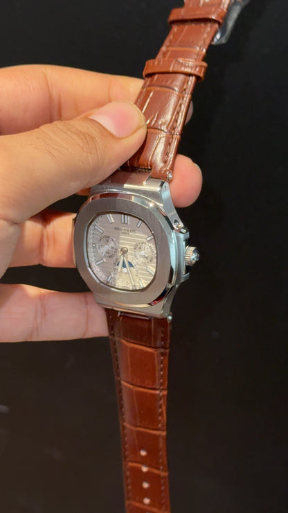 Pp Auto | Moonphase | Chrono | Silver Case | Brown Leather Strap | White Dial