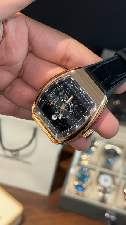 Premium Franck Muller | Vanguard Edition | Rose Case | Black Strap | All Black Dial