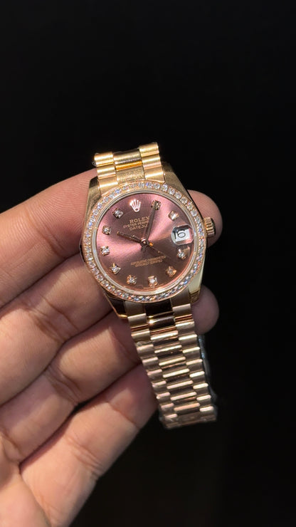 Premium DateJust | Eveline | Diamond Bezel | 30mm | Women | Rose President Chain | Brown Diamond Dial
