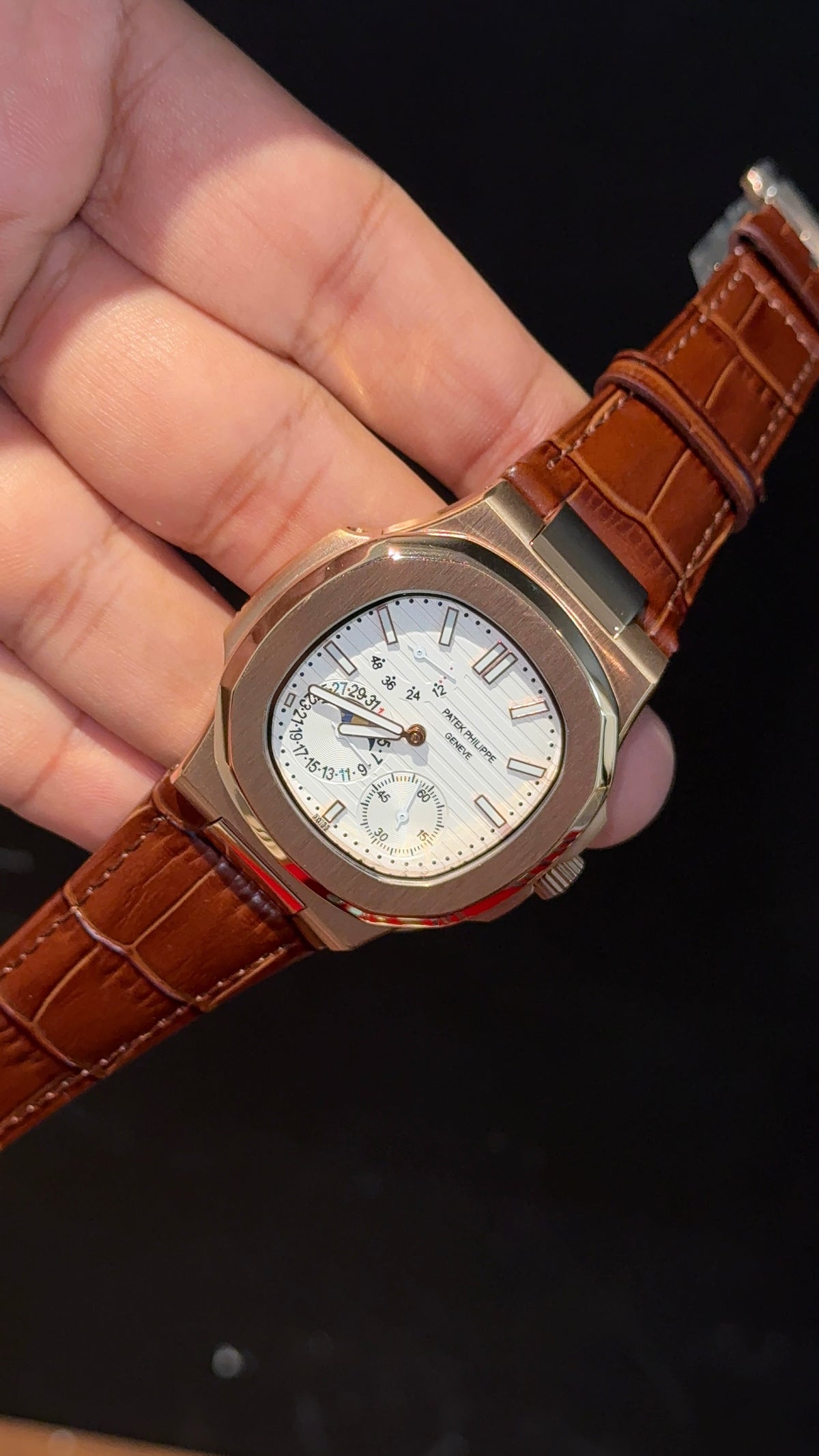 Pp Auto | Rose Case | Brown Strap | Moonphase | Sub White Dial