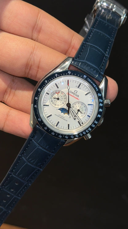 Omega Speedmaster | Rose Blue Bezel | Blue Strap | Chrono Moonphase | White Dial