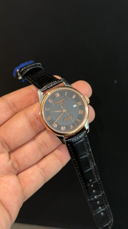 Tissot Rose | Black Leather Strap | Rose Digit Black Textured Dial