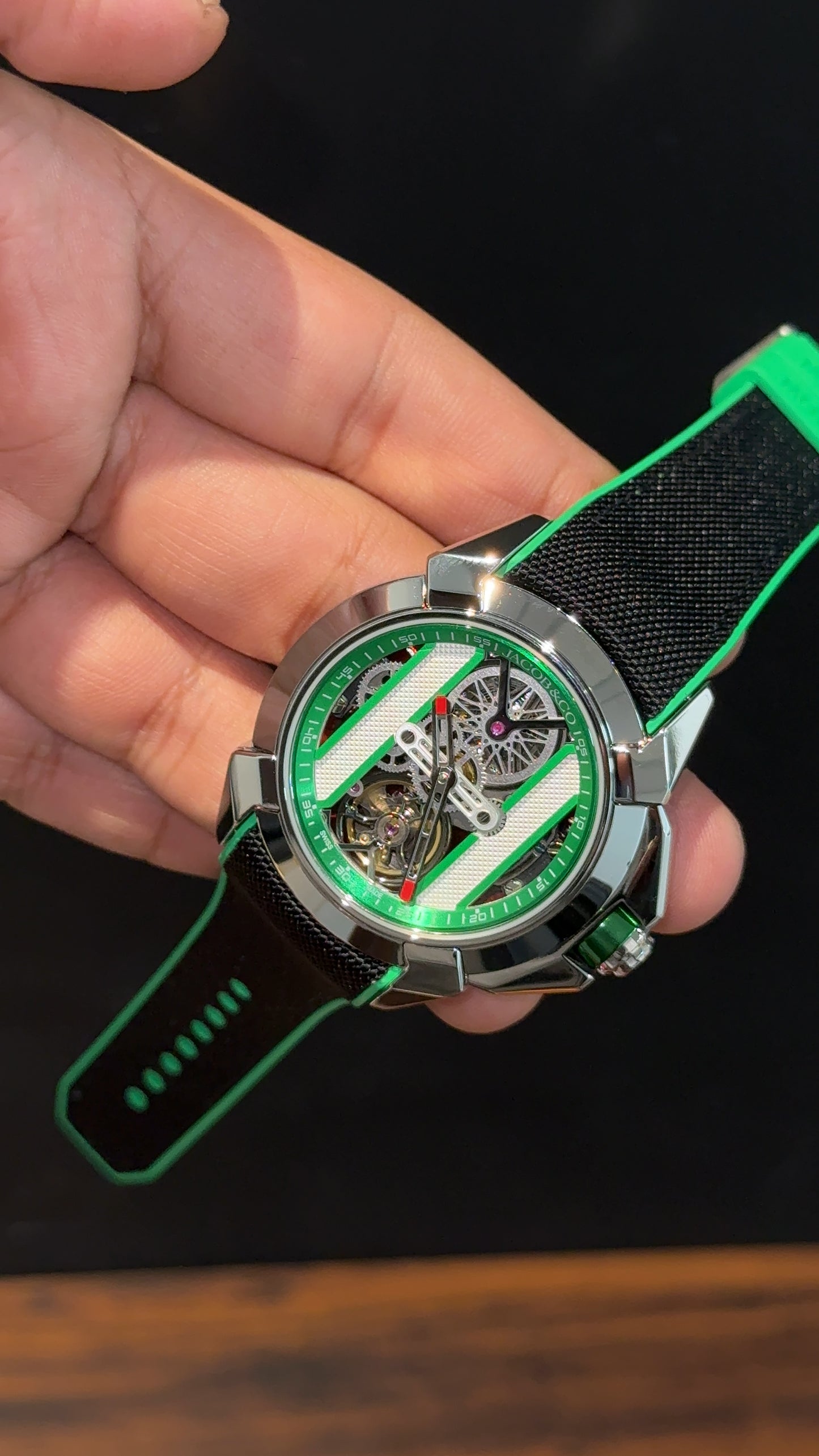 Jacob And Co | Silver Case | CR7 Edition | Green Black Strap | Pendulum | Green Machine Dial
