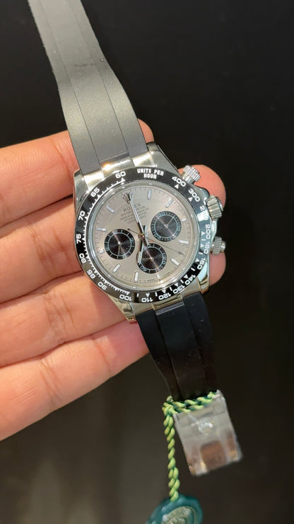 Daytona | Silver | Black Pvc Strap | Black Bezel | Grey Plain Dial