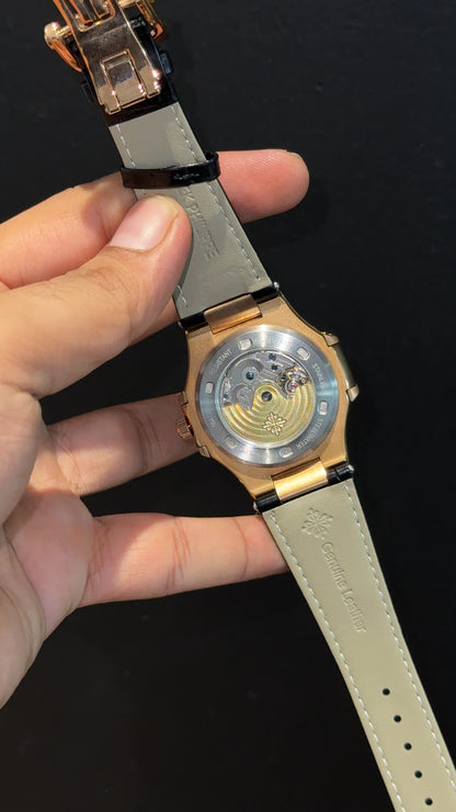 Pp Auto | Moonphase | Yearly Edition | Rose Case | Black Leather Strap | White Dial