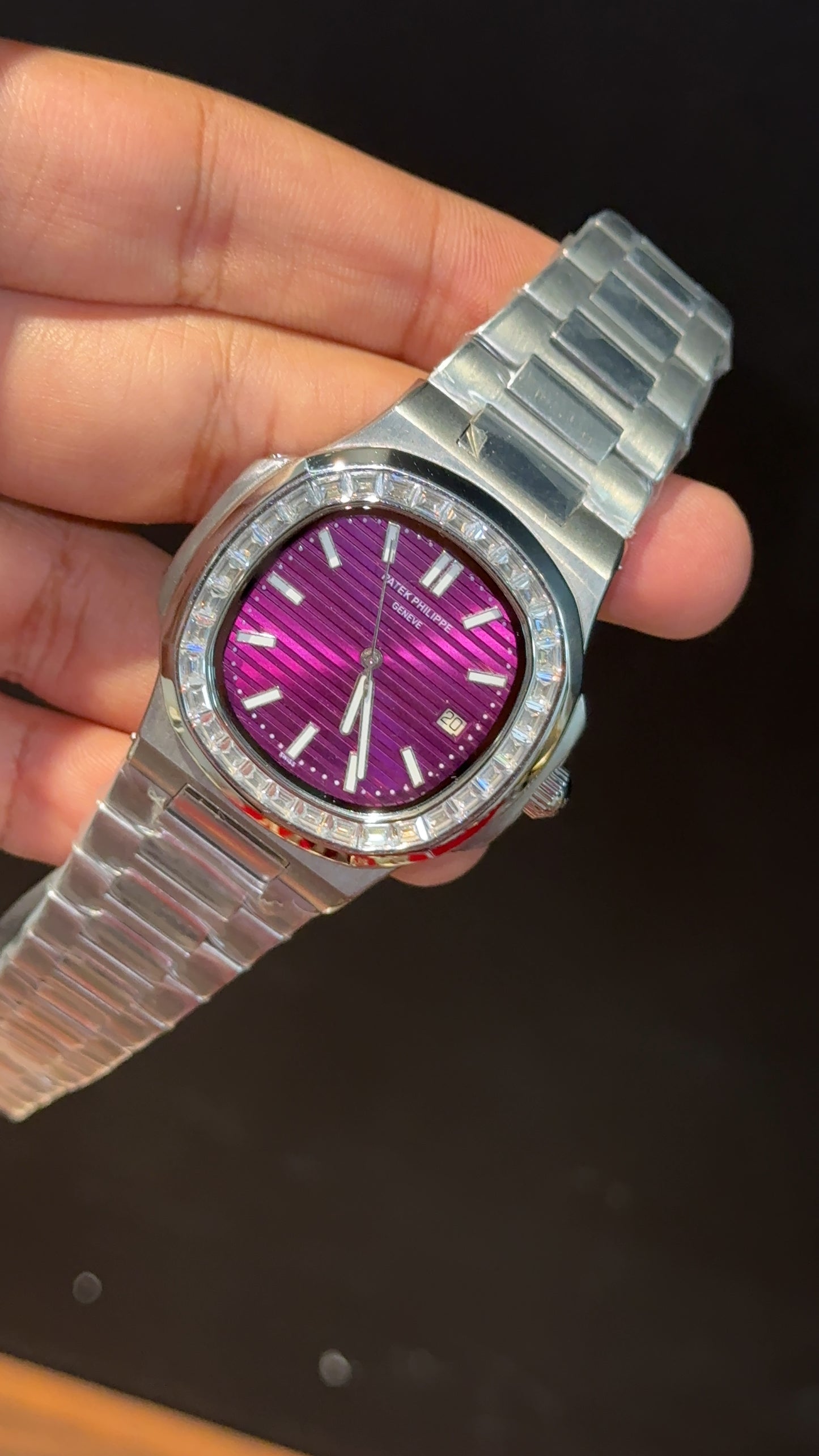 PP Auto | Silver Diamond Bezel | Silver Chain | Pinkish Dial