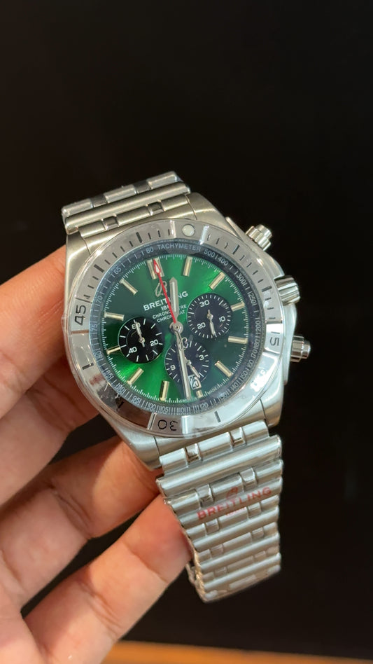 Brietling | Silver Chronomat Chain | Black Chrono | Green Dial