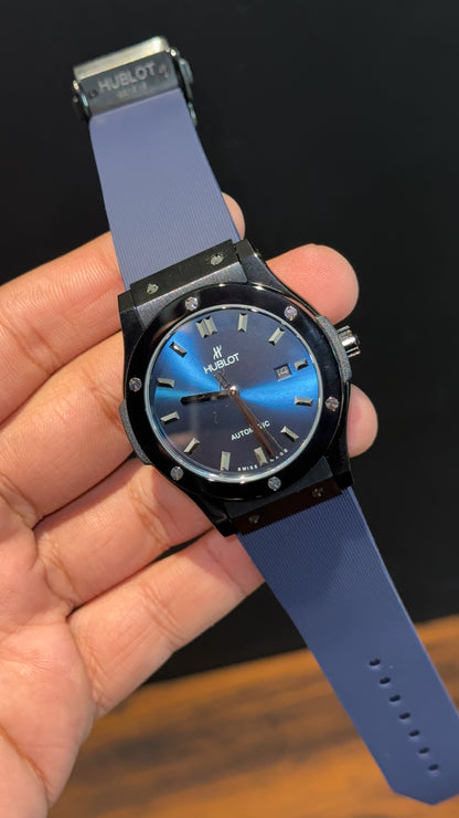 Hublot Auto | Black Case | Blue Strap | Shaddy Blueish Dial