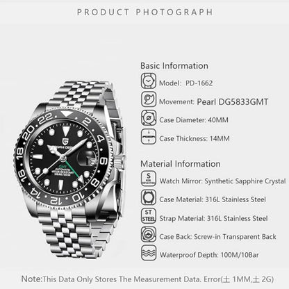 Pagani Design PD-1662 GMT Silver Black 40MM Men's Automatic