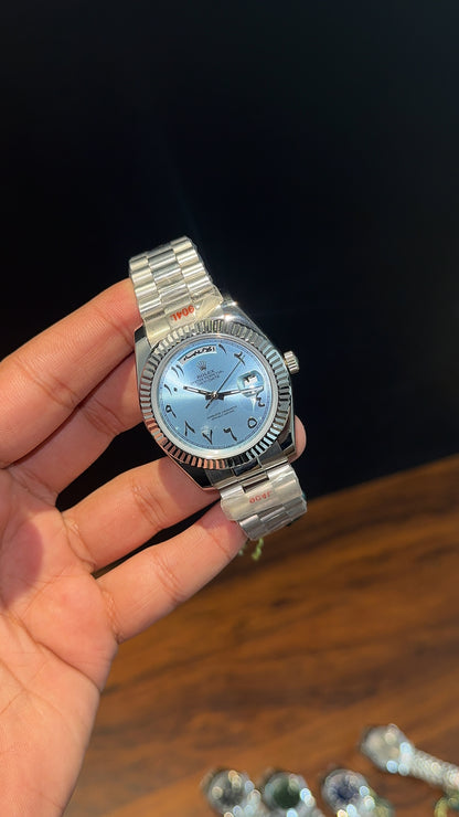 DayDate | Silver Chain | Arabic Digit | Sky Blue Dial