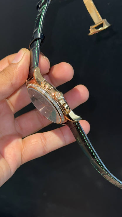 Patek Century | Auto | Rose Diamond Case | Green Diamond Dial | Black Leather Strap - twentyfour