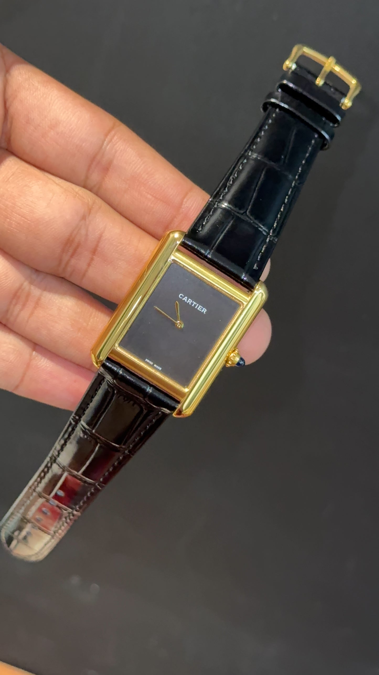 Cartier Tank | Gold | Black Leather Strap | Black Crafted Dial