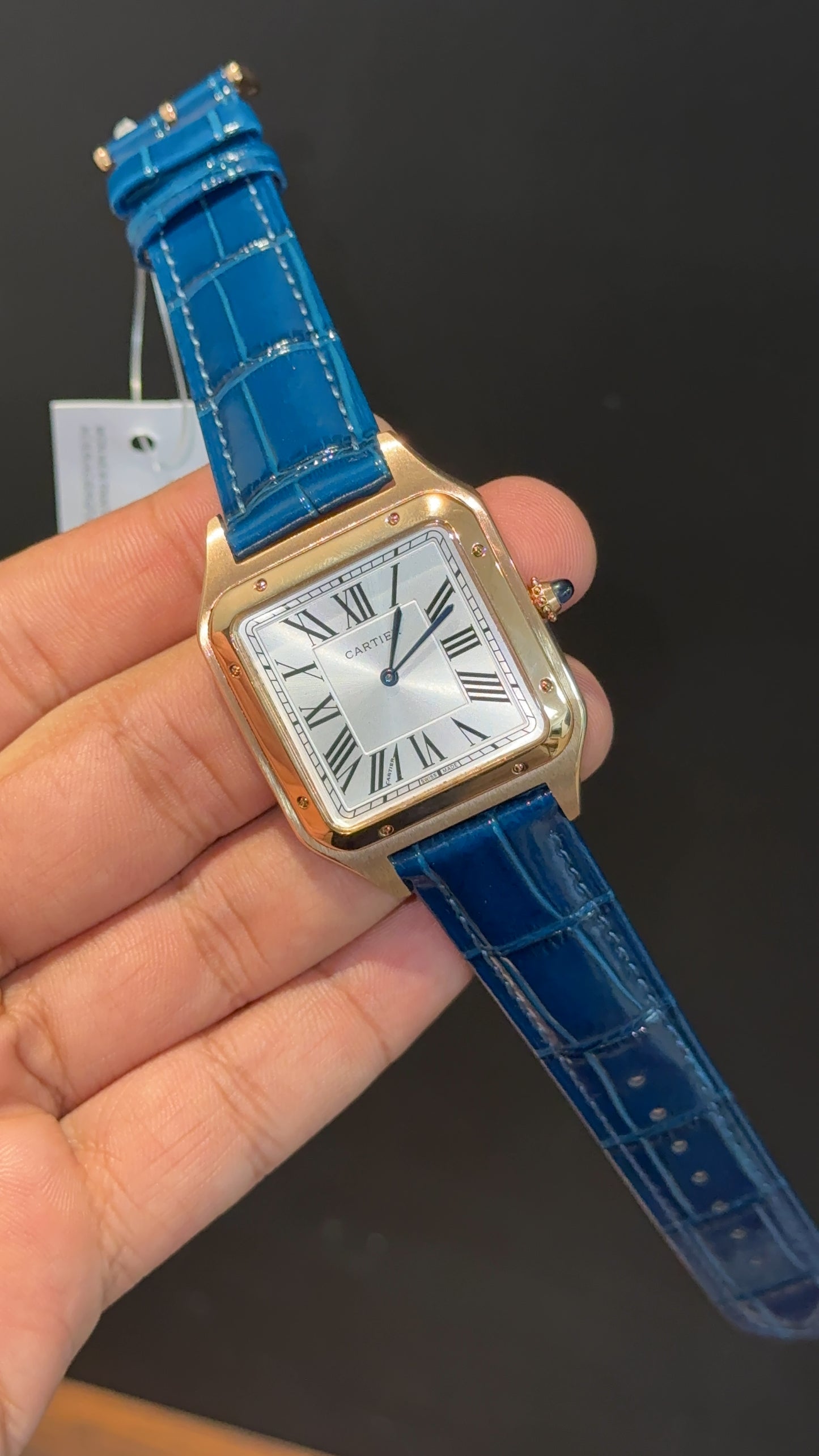 Cartier Santos | Rose Case | Blue Dumont Strap | White Dial