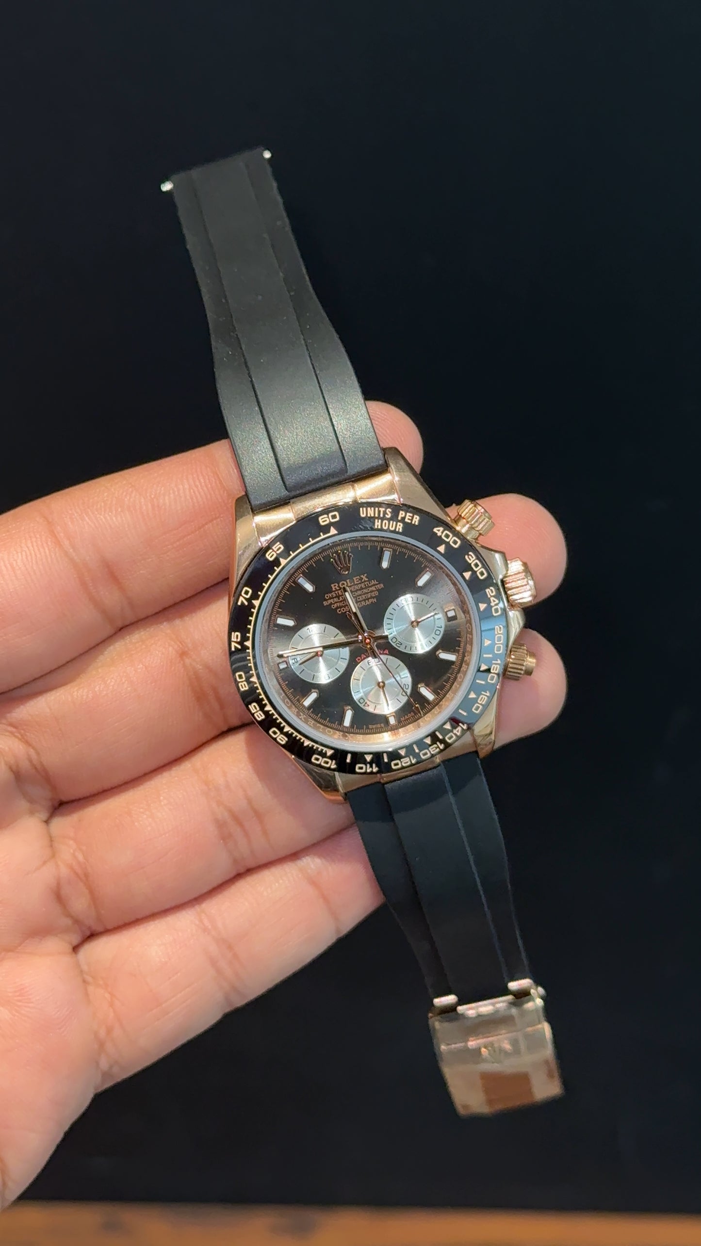 Daytona | Rose | Black Pvc Strap | White Chrono | Black Dial