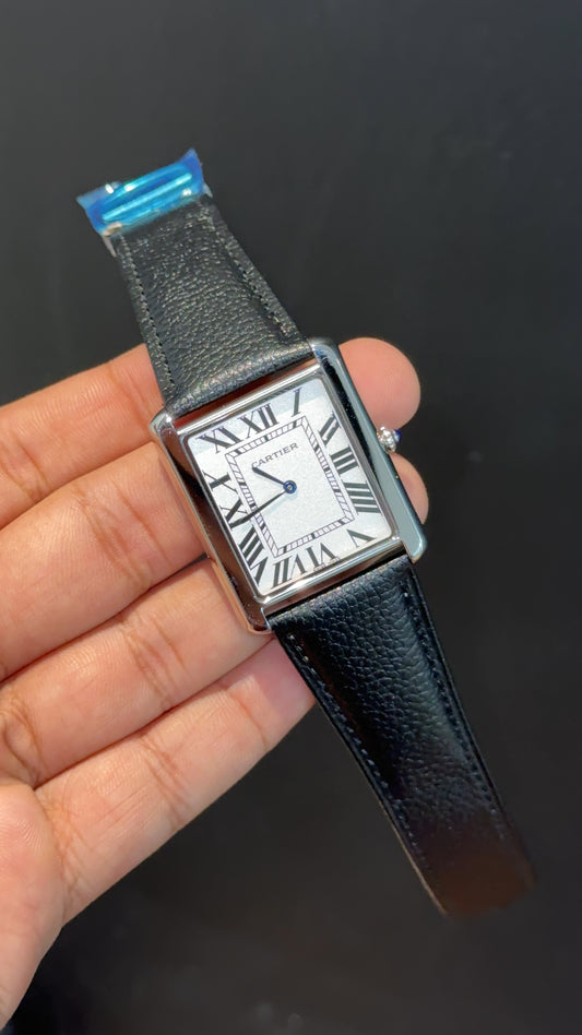 Cartier tank | Silver Case | Black Slim Strap | White Dial