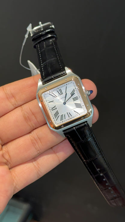 Cartier Santos | Rose Two Tone Case | Black Dumont Strap | White Dial