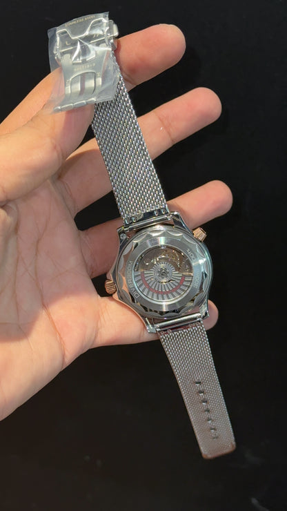 Omega Seamaster Diver | Silver Milanese Chain | Rose Black Dial