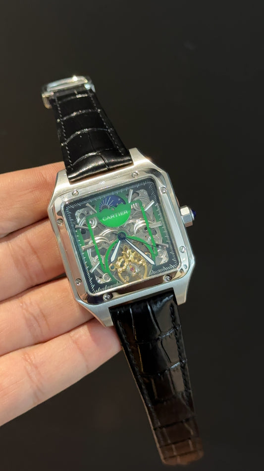 Cartier | Silver | Skeleton | Square Shape Case | Moonphase | Black Leather Strap | Green Dial