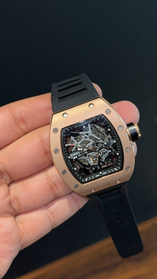 Premium Richard Mille | RM 035 Americas 2 | Rose Case | Skeleton | Black Strap | Black Dial